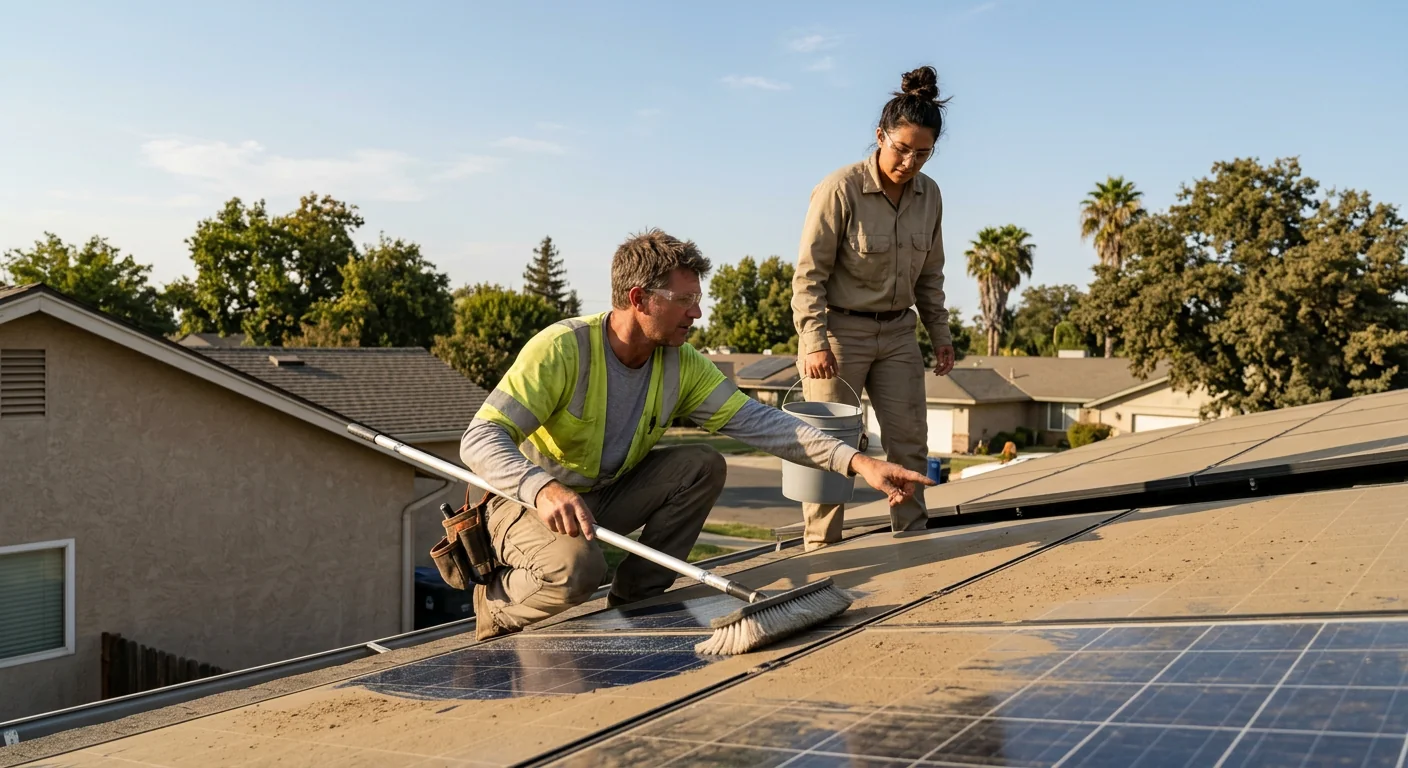 Dust-covered rooftop solar panels needing cleaning on a Modesto home