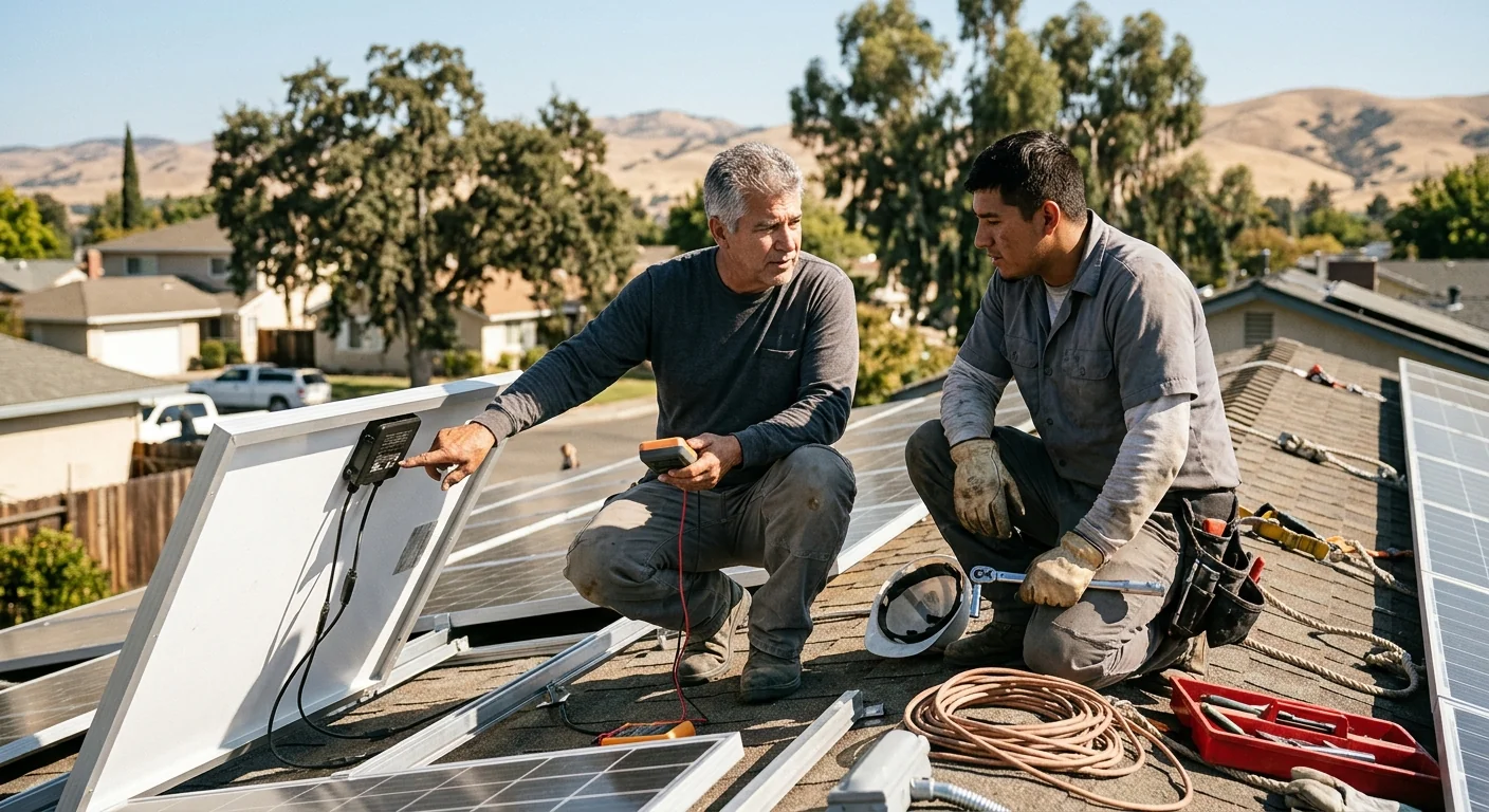 Solar technicians organizing panels and mounting rails on a Modesto rooftop job site