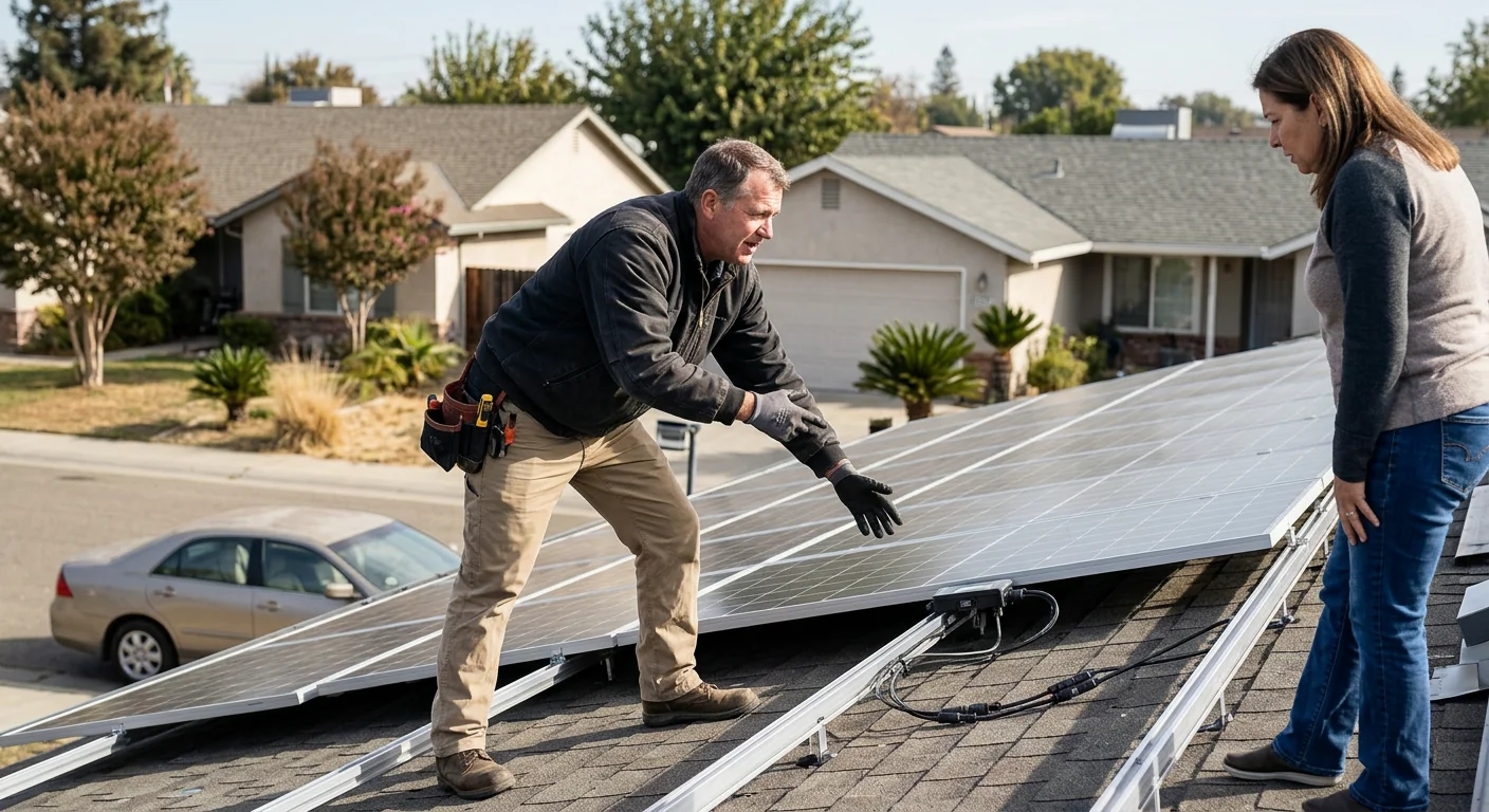 Technician testing rooftop solar inverter during maintenance visit in Modesto