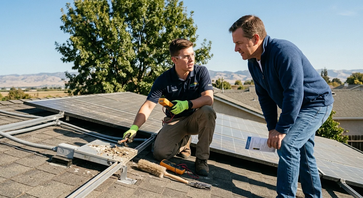Dusty underperforming solar array on a Modesto rooftop needing repair